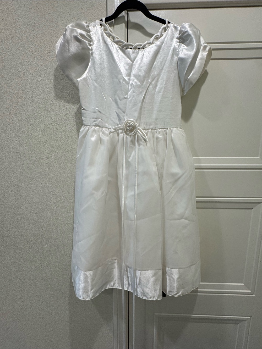 Little Miss White Satin Dress with Rosette Detail